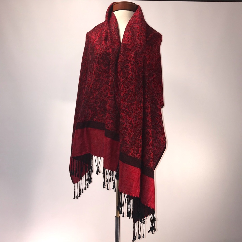 Ladies wrap burgundy & black floral paisley fringe